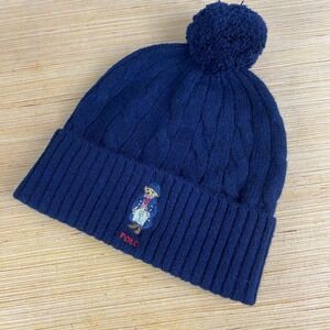 Polo Ralph Lauren Bear USA Knit Wool Beanie Hat Cap pom blue navy embroidered